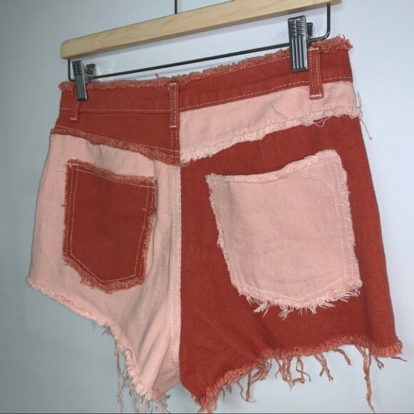 SHEIN Shorts Size Medium Orange Peach Colour Block Cut Off Hem Patch Pockets - Picture 5 of 8